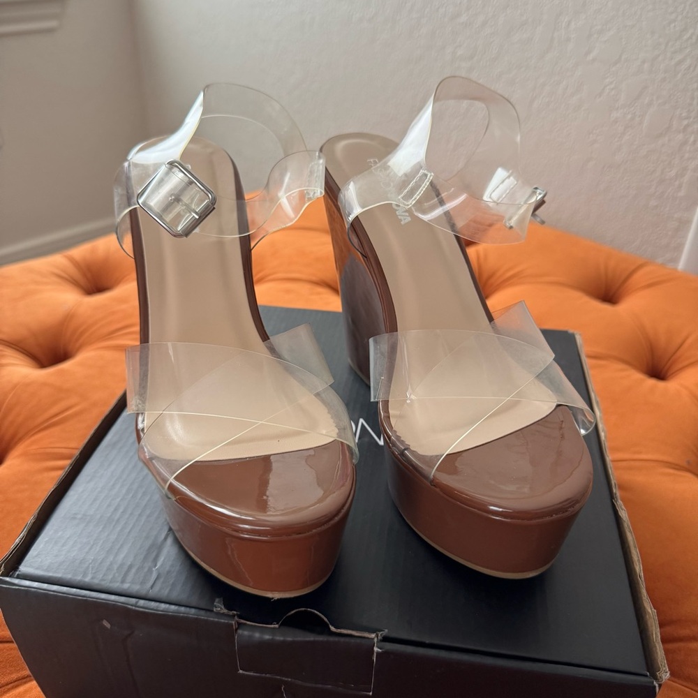 Fashion Nova Clear Strap Brown Platform Heels